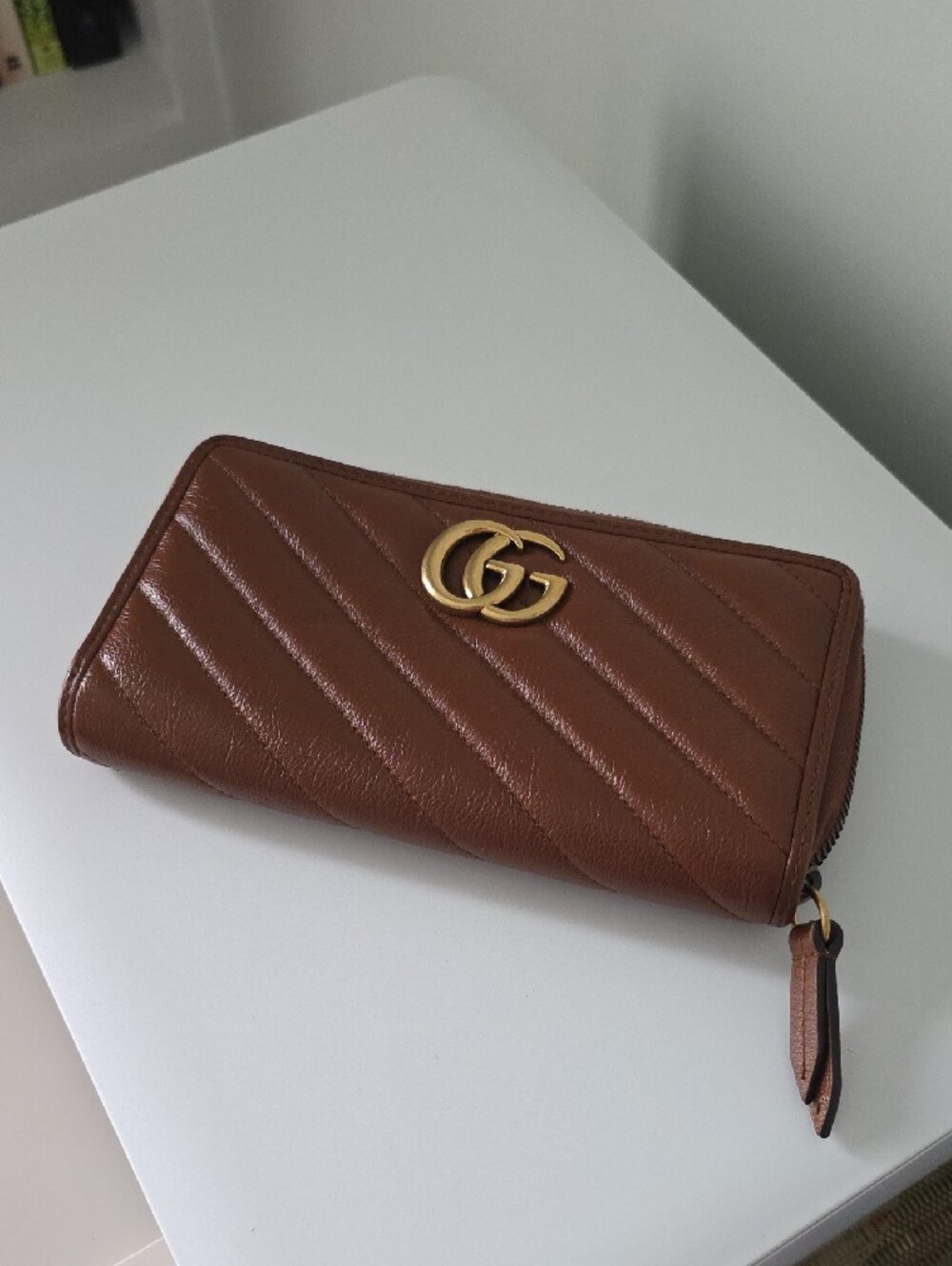 Gucci GG Marmot Chevron Quilted Zip-Around Wallet with Gold Double GG